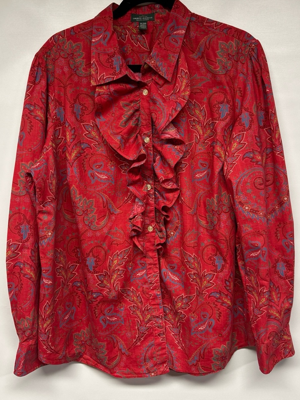 Ralph Lauren Red Paisley Ruffle-Front Button Down Shirt